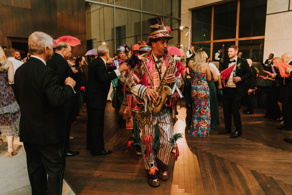 Philadelphia mummers at Barnes Foundation wedding reception
