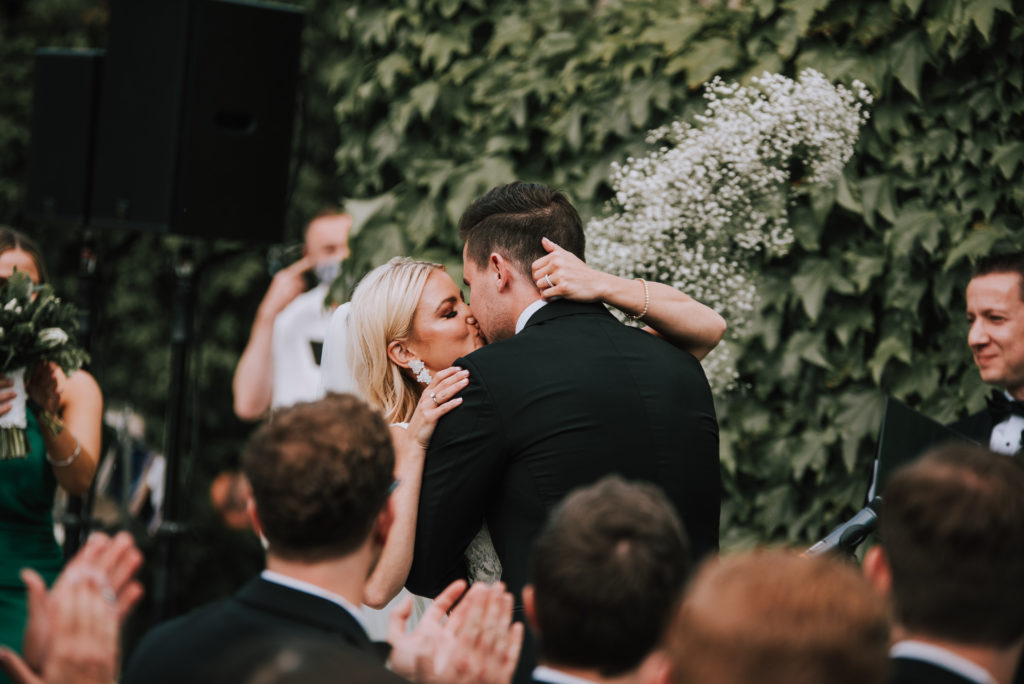 bride and groom first kiss Barnes Foundation ceremony